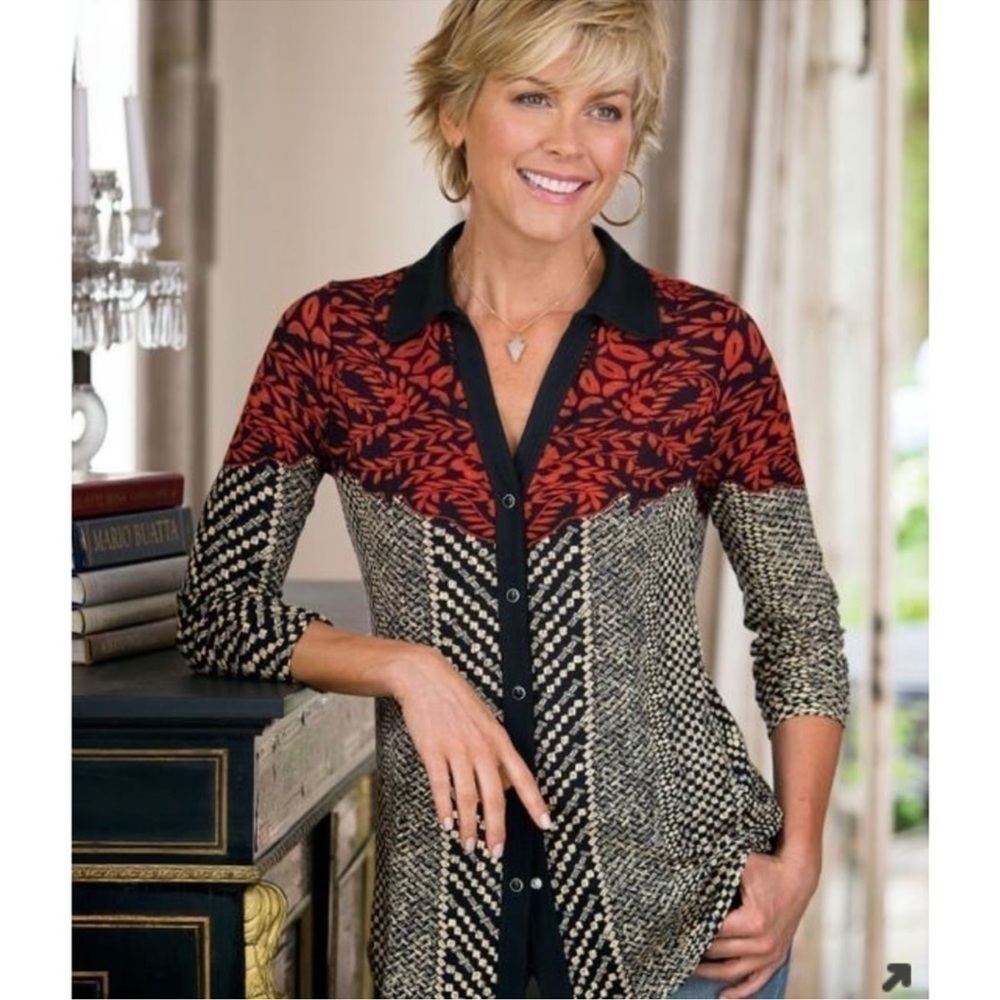 Soft Surroundings Calistoga Western Yoke Button Front Tunic Top Black/Red Sz L